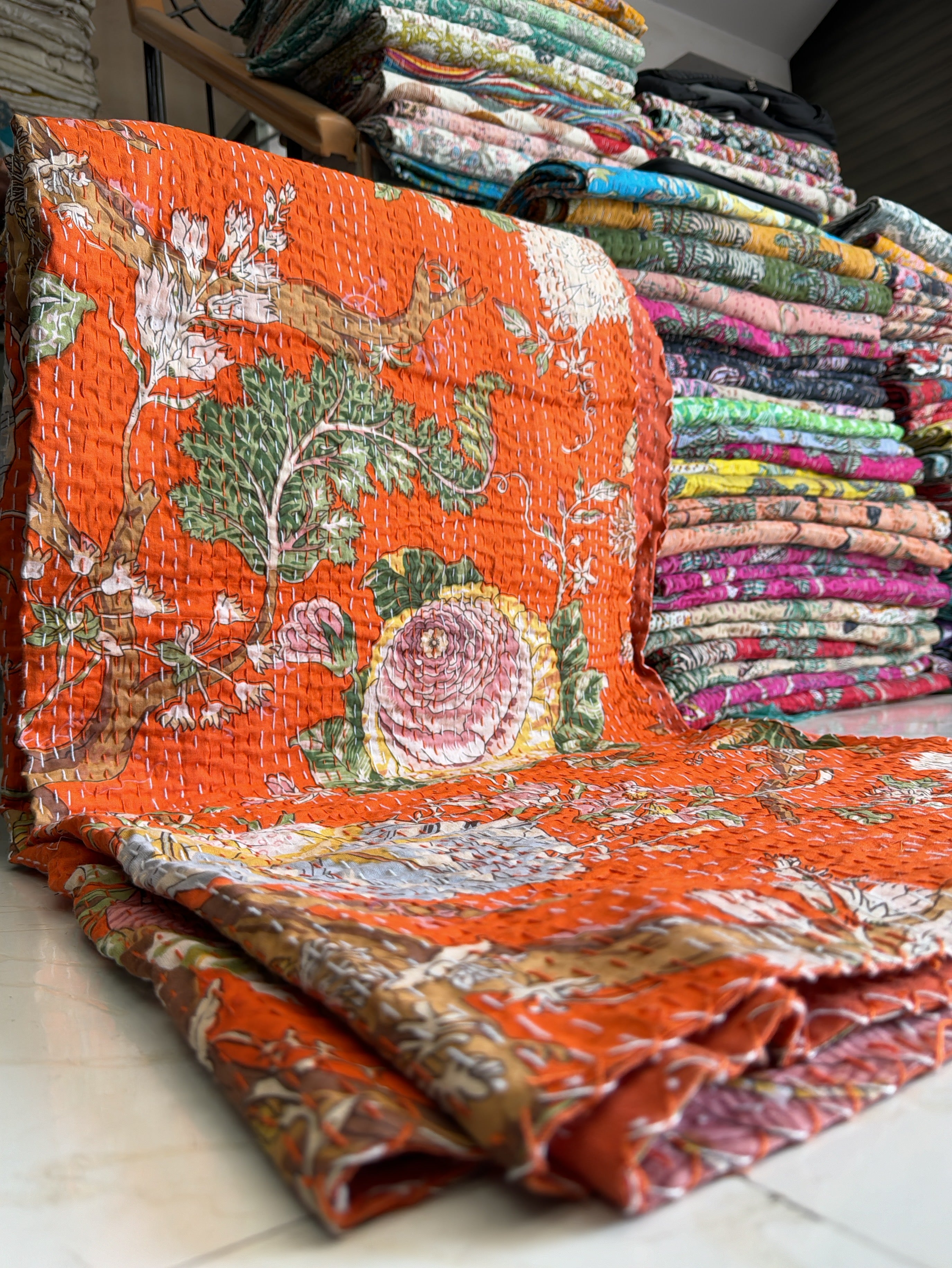 Hand Block Printed Kantha Quilt – Cotton Layered Blanket