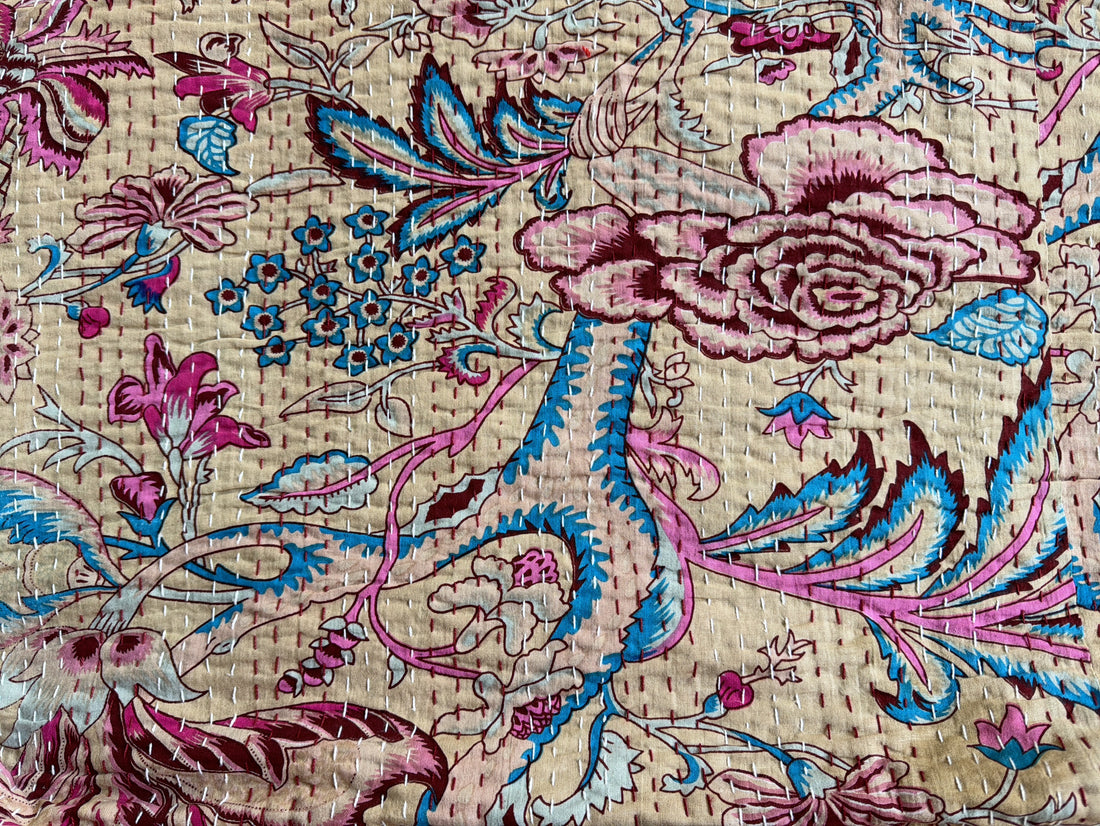 Handmade Printed Kantha Quilt – 100% Cotton Bedding Throw