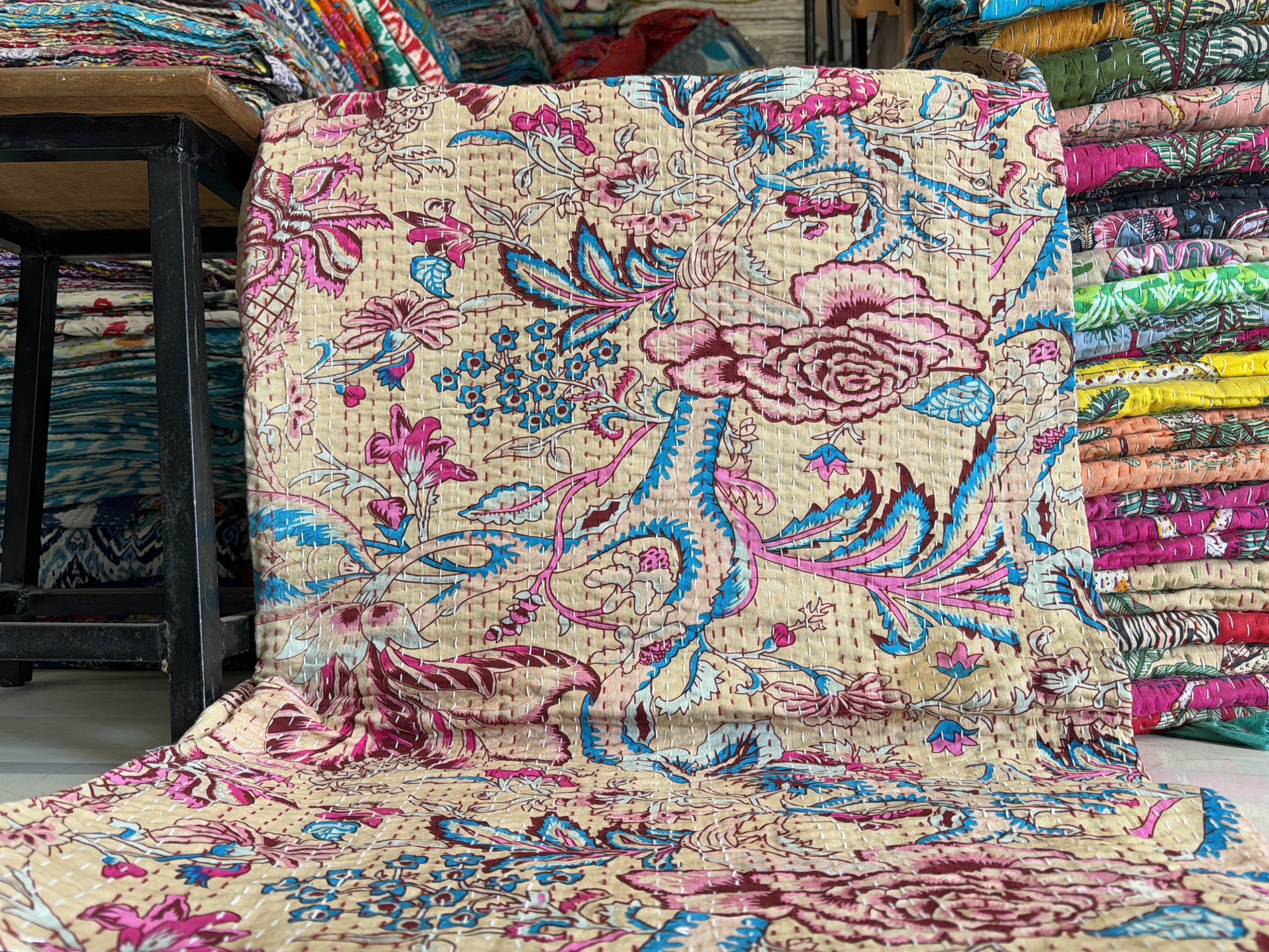 Handmade Printed Kantha Quilt – 100% Cotton Bedding Throw