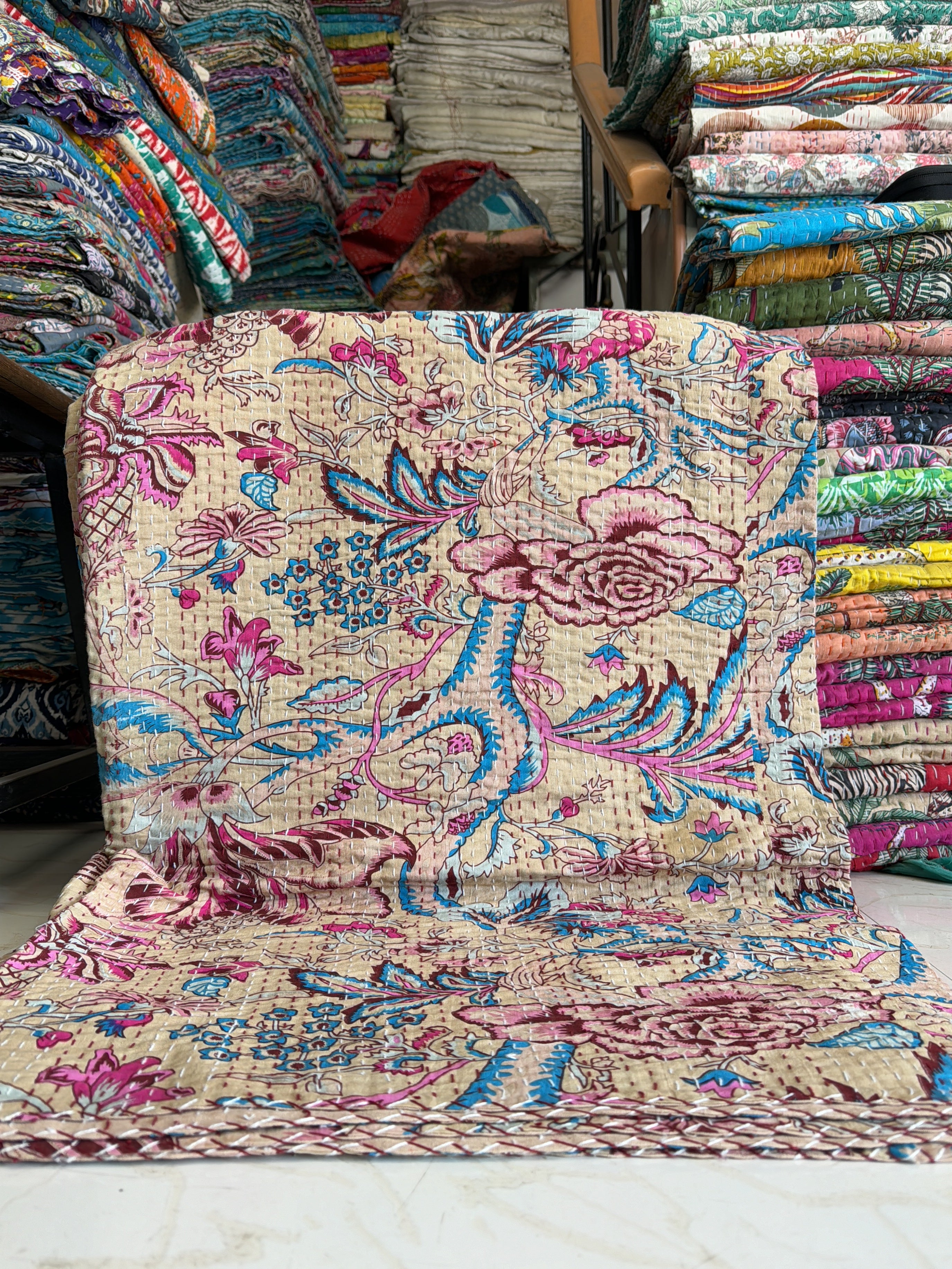 Handmade Printed Kantha Quilt – 100% Cotton Bedding Throw