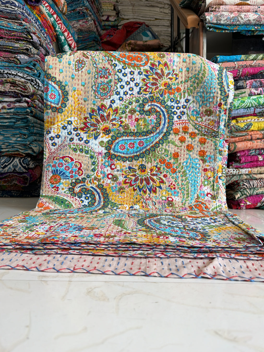Decorative Kantha Quilt – Floral & Paisley Print