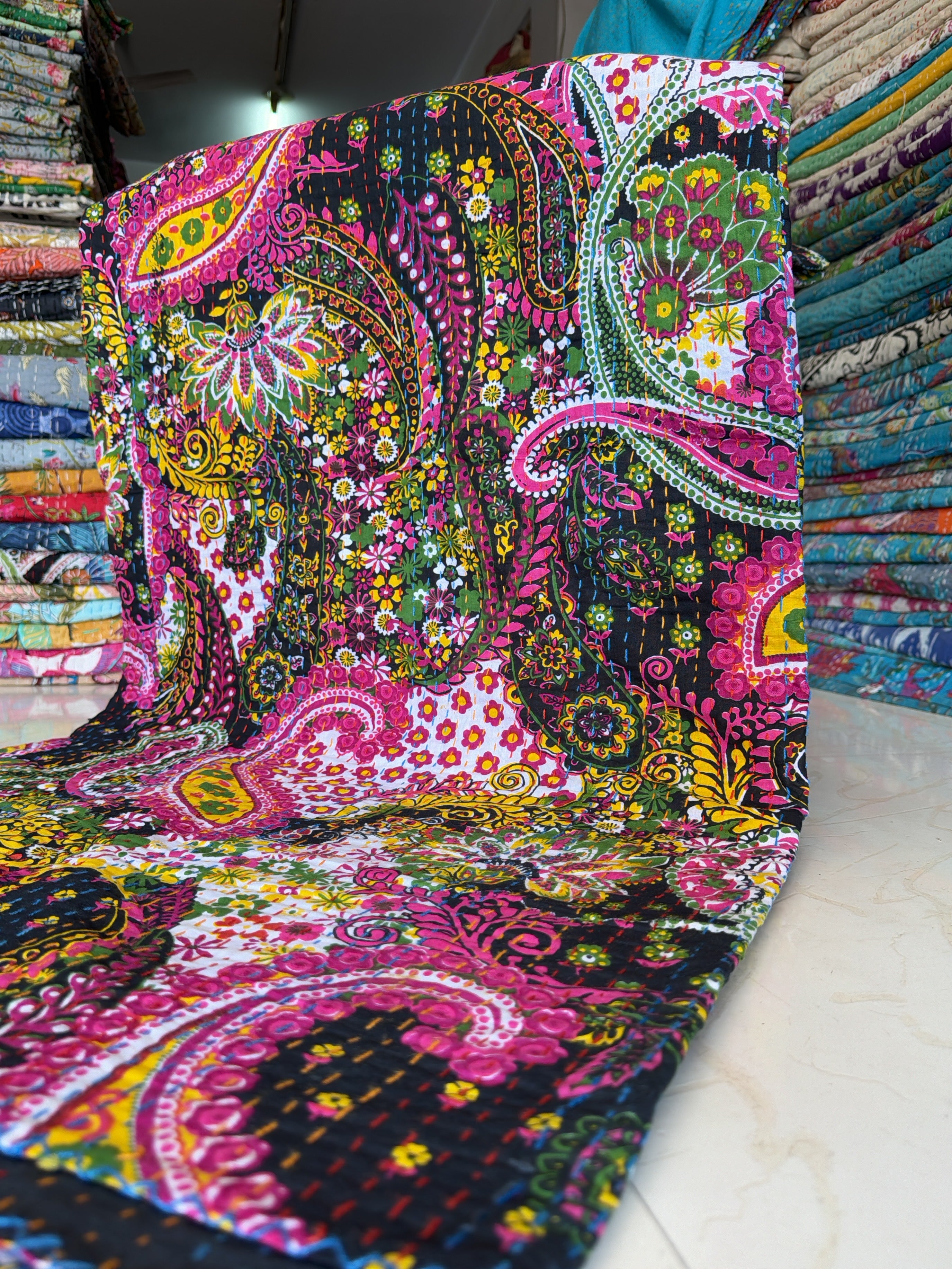 Artisan Cotton Kantha Quilt – Printed Throw Piece