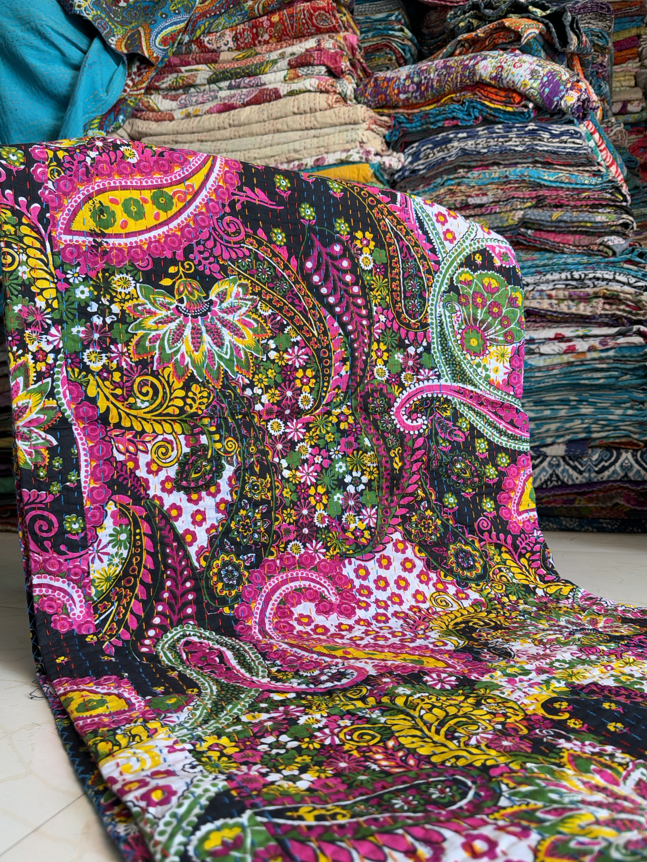 Artisan Cotton Kantha Quilt – Printed Throw Piece