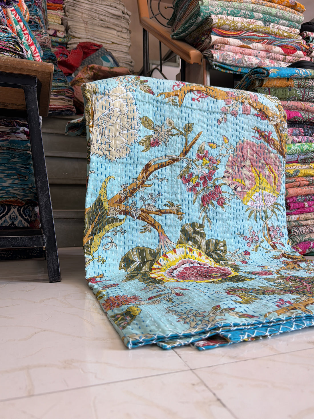 Floral Printed Kantha Quilt – Lightweight Bedding