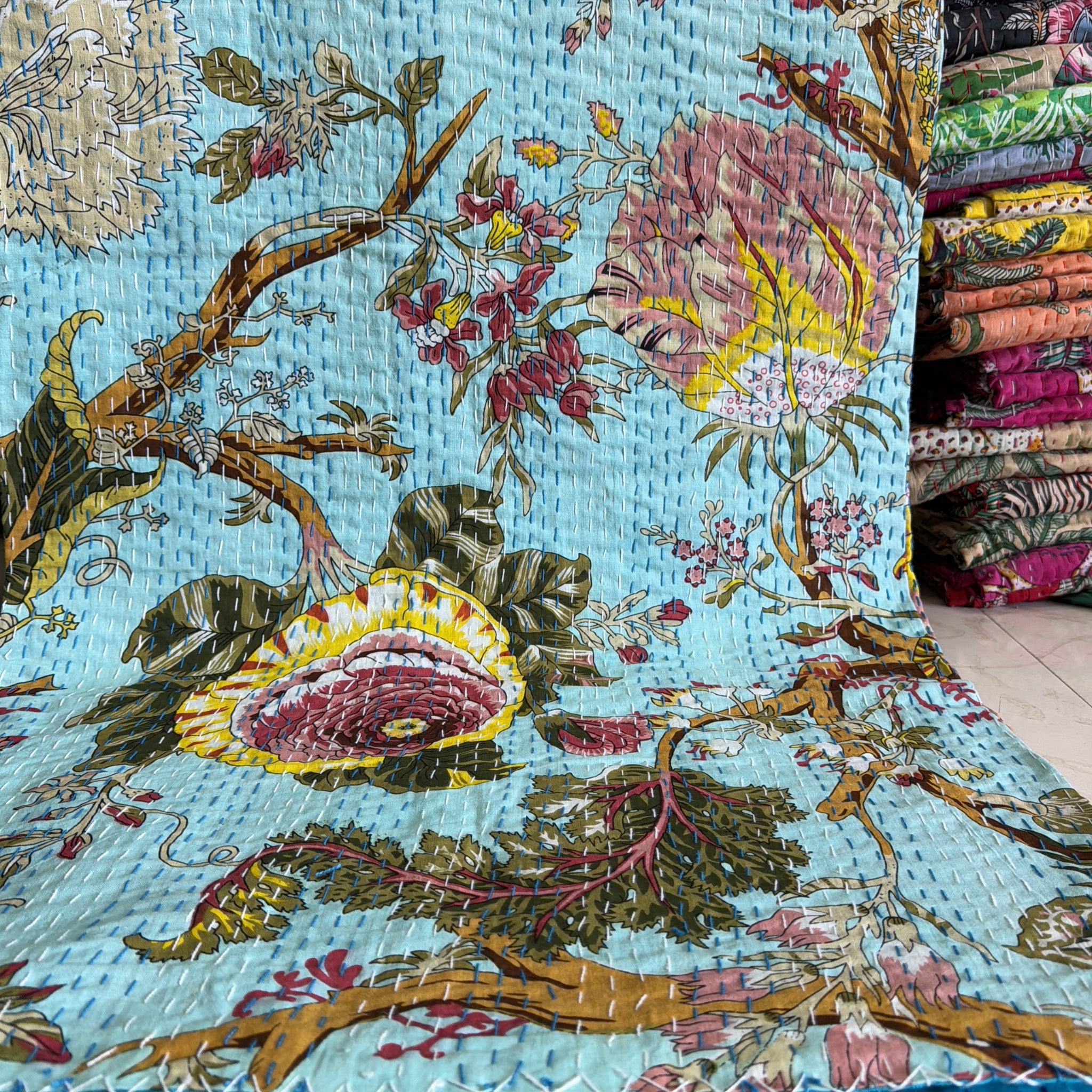 Ethnic Print Kantha Quilt – Handmade Cotton Bedspread