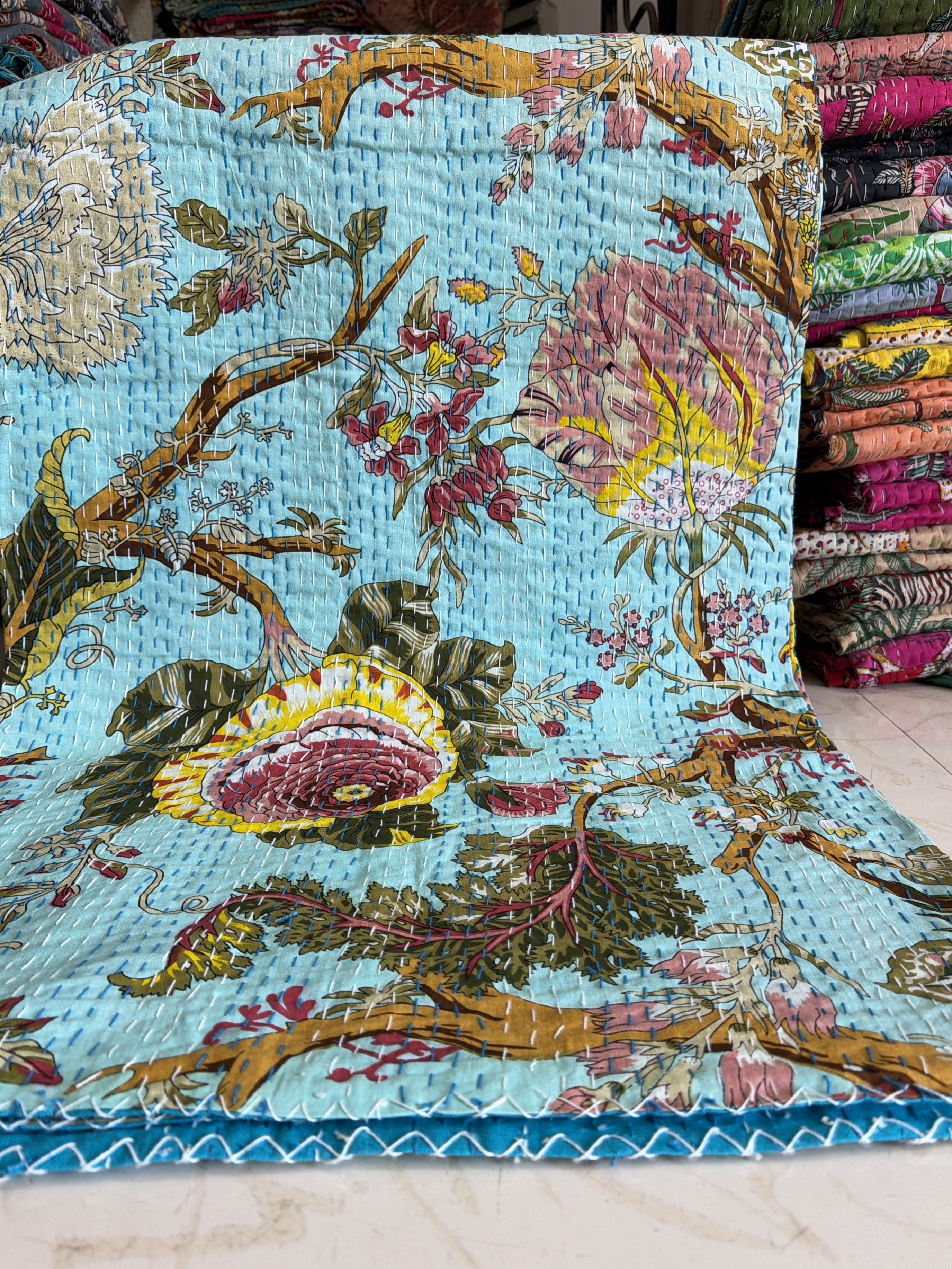 Ethnic Print Kantha Quilt – Handmade Cotton Bedspread