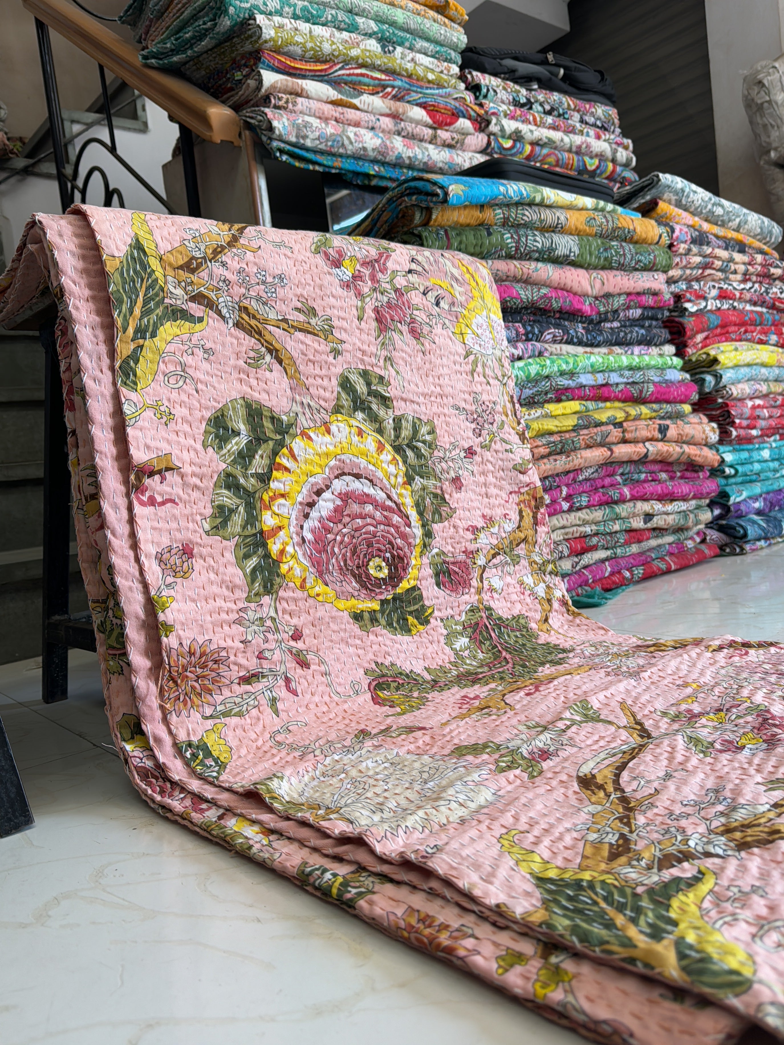 Ethnic Print Kantha Quilt – Handmade Cotton Bedspread