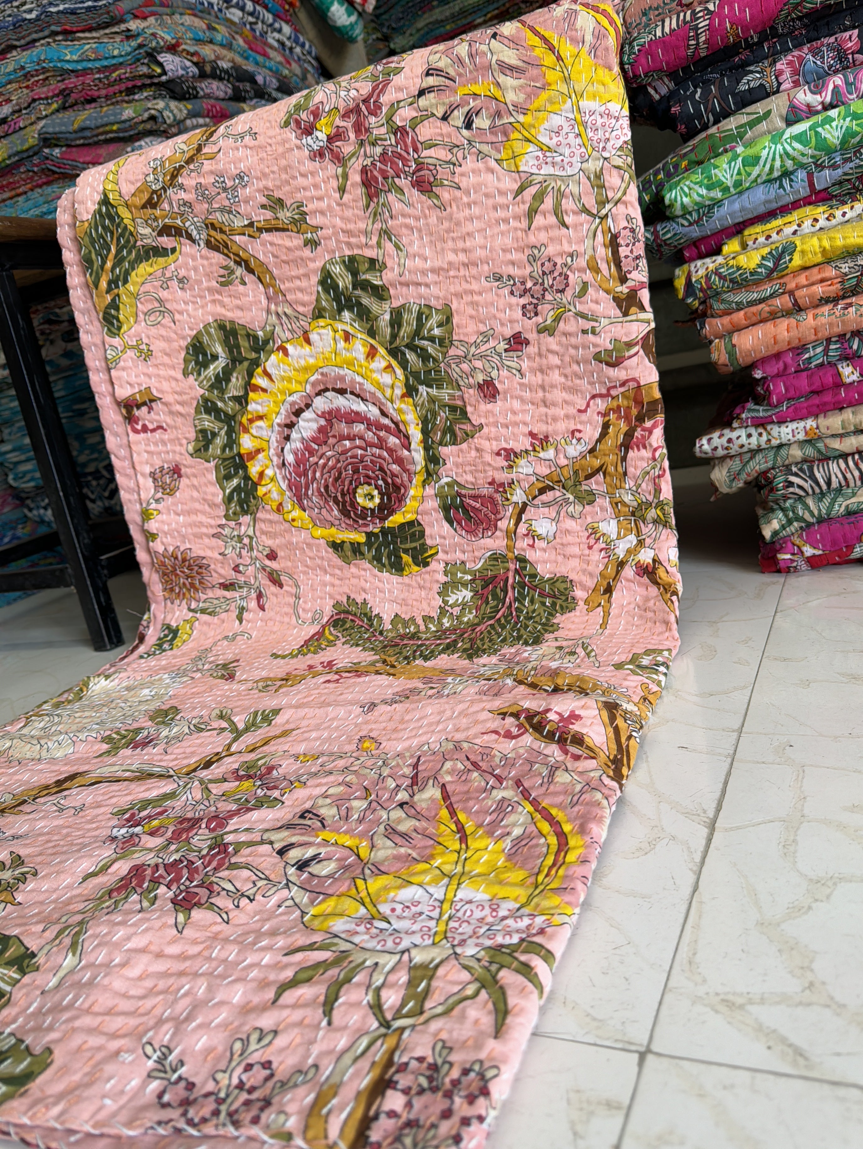 Ethnic Print Kantha Quilt – Handmade Cotton Bedspread