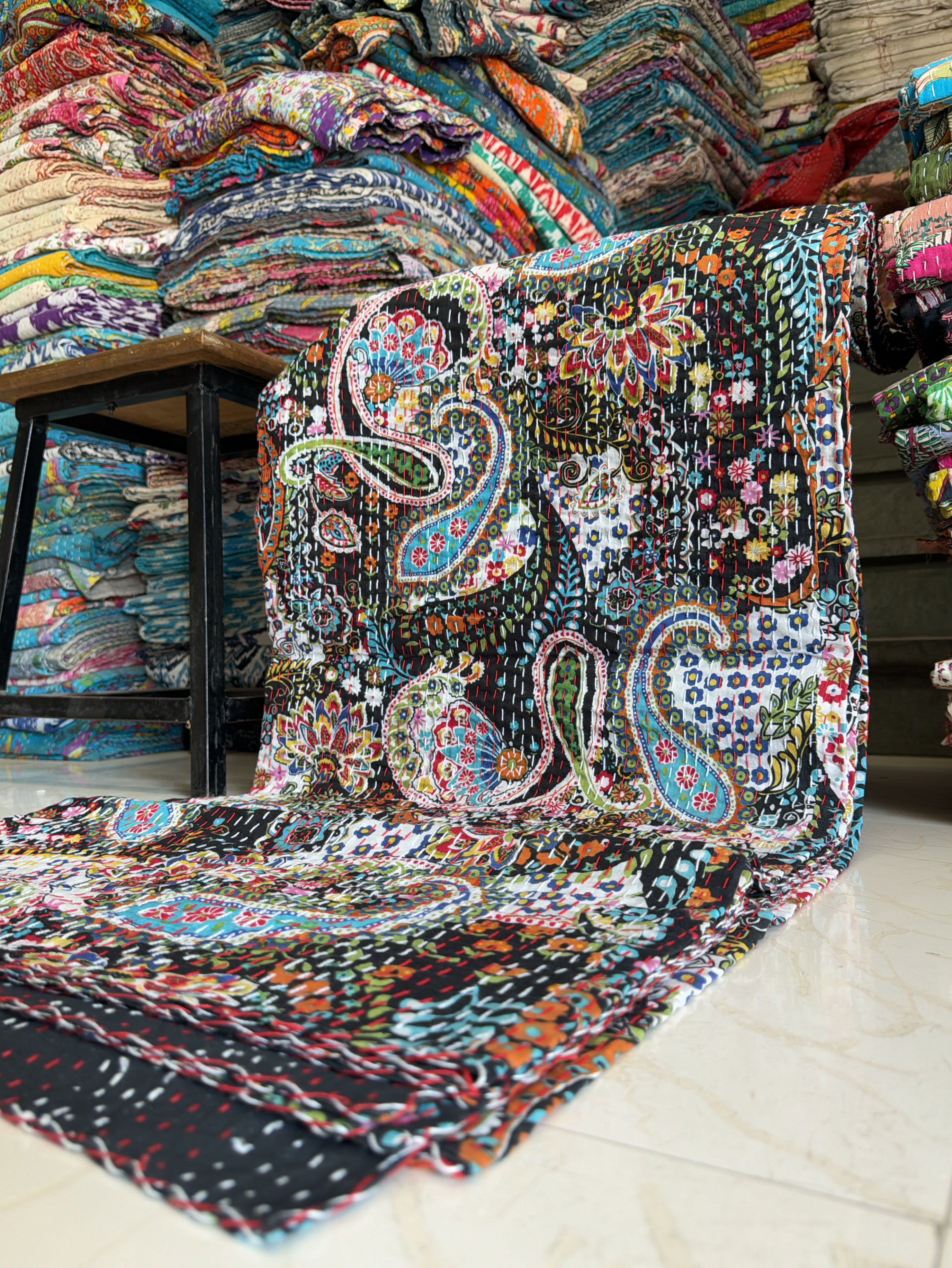 Block Print Kantha Quilt – Hand-Stitched Bed Cover