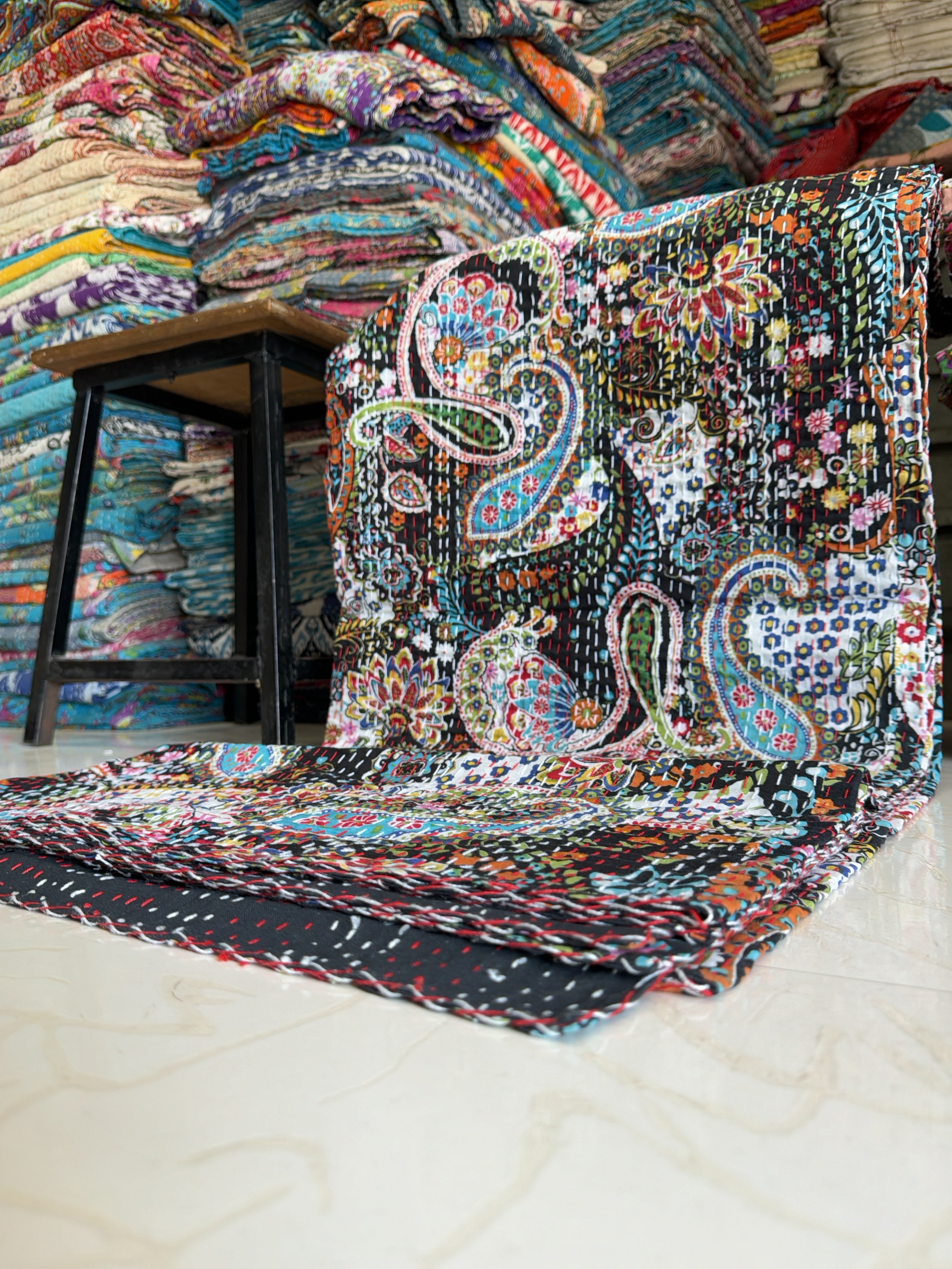 Block Print Kantha Quilt – Hand-Stitched Bed Cover